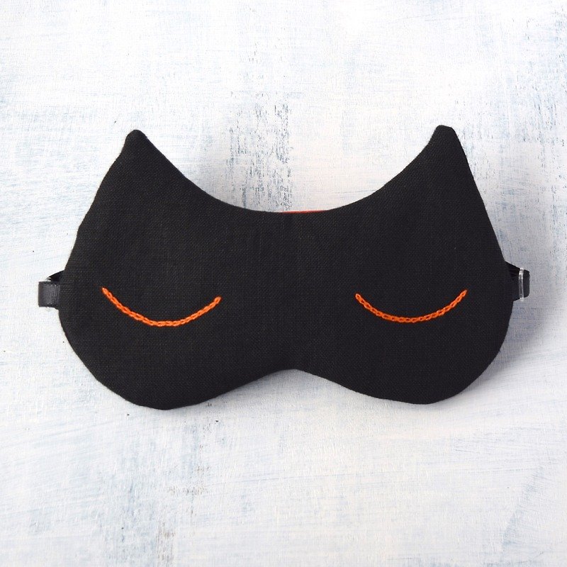 Black cat  sleep mask | storage pouch | travel | nap | - Eye Masks - Cotton & Hemp Black