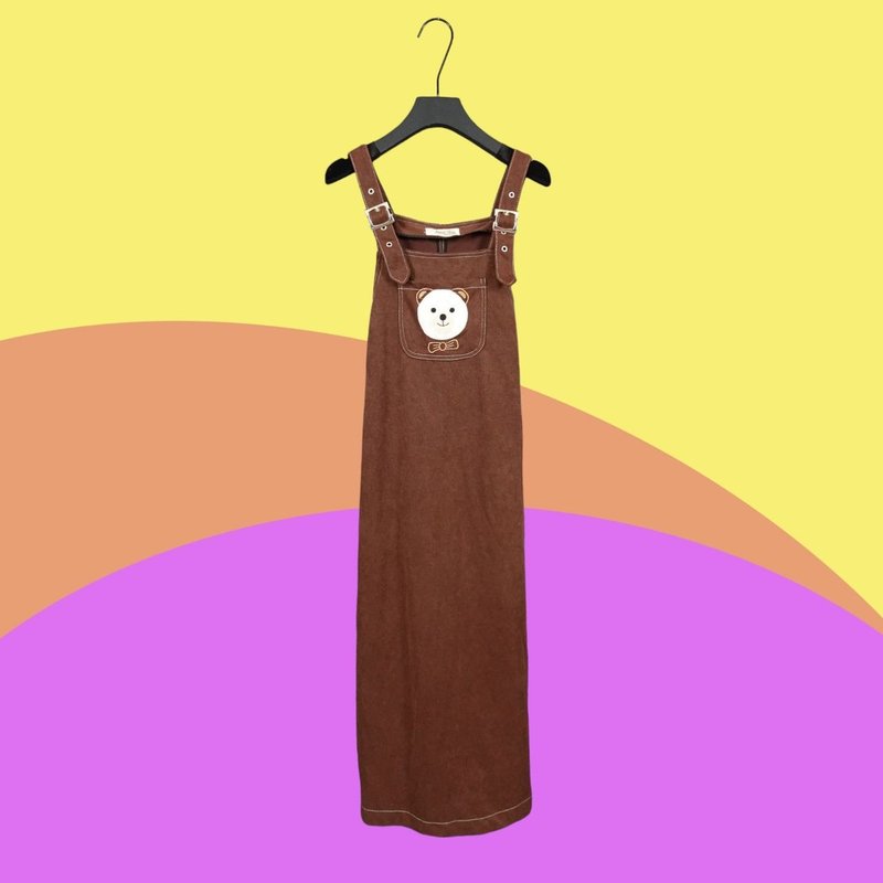 二手 JANN SHIN 咖啡 可愛熊熊 口袋 綁帶 刺繡 吊帶裙 CA807 - 洋裝/連身裙 - 聚酯纖維 咖啡色