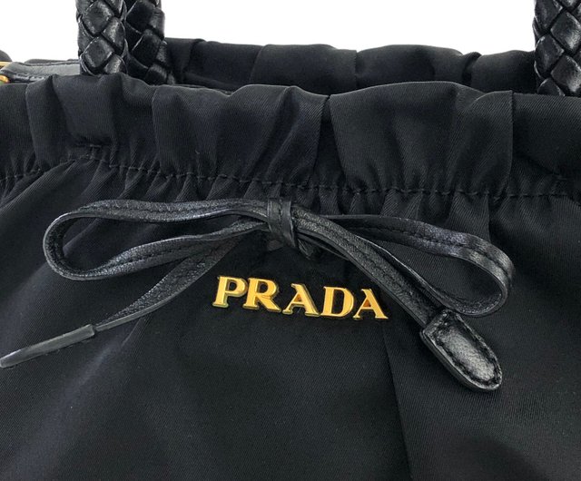 日本直送 名牌中古包 】PRADA プラダ ロゴ ギャザー ナイロン レザー