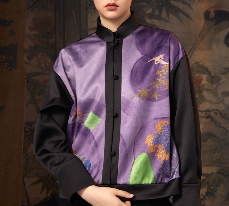 【寰中】新中式復古 印花夾克/盤扣棒球服 - 女上衣/長袖上衣 - 其他材質 紫色