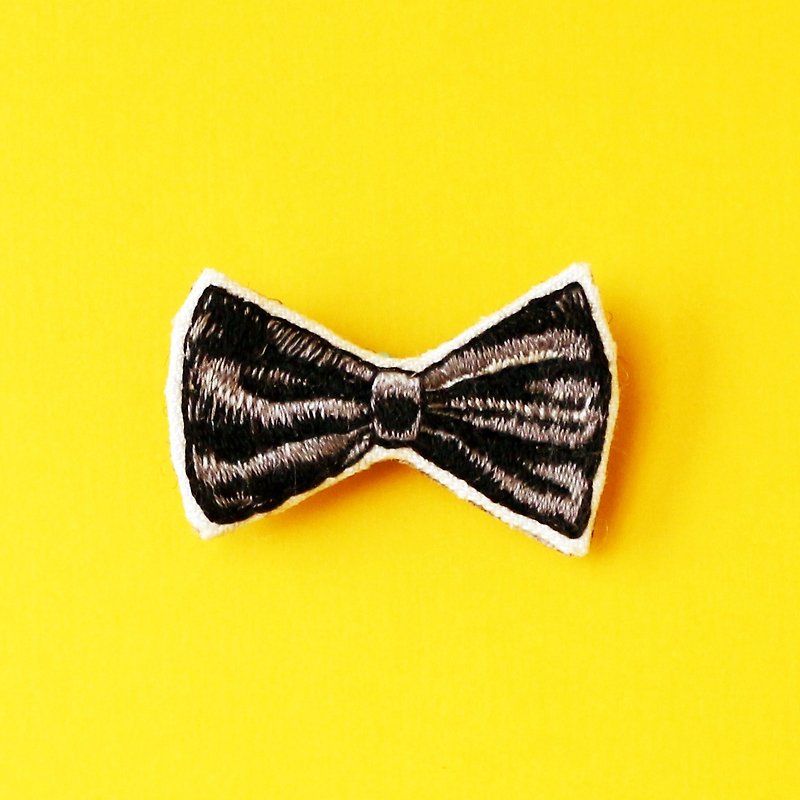Mini Hand Embroidered Brooch / Pin Black Bow Tie - Brooches - Thread Black