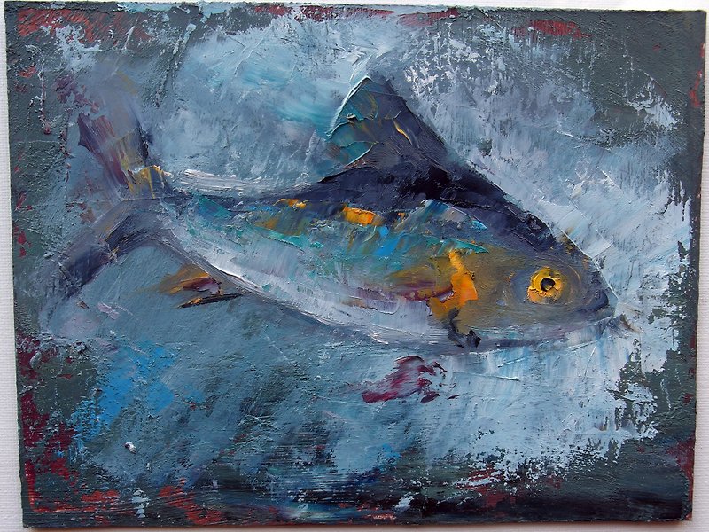 Tuna fish colorful impasto oil painting - original handmade 6x8 - โปสเตอร์ - กระดาษ สีเทา