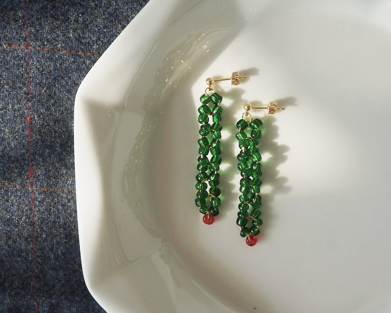 Spring Green Rice Bead String Earrings and Stud Earrings - ต่างหู - แก้ว 