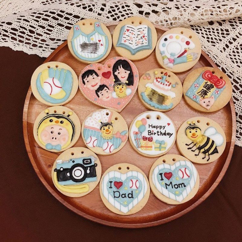 生日+收涎餅乾 - 客製人像全家福-棒球-蜜蜂-糖霜餅乾14+1/組-可 - 手工餅乾 - 新鮮食材 