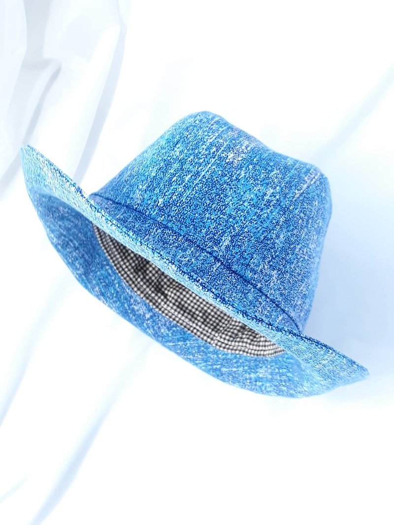 Tannin Blue Smudge Pattern Gentleman Hat (Fedora) - หมวก - ผ้าฝ้าย/ผ้าลินิน สีน้ำเงิน