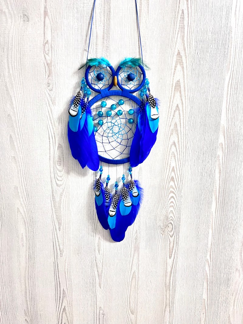 Owl Dream catcher, Owl Dreamcatcher, Owl Figurines, Owl Gifts - ตกแต่งผนัง - ไม้ สีน้ำเงิน