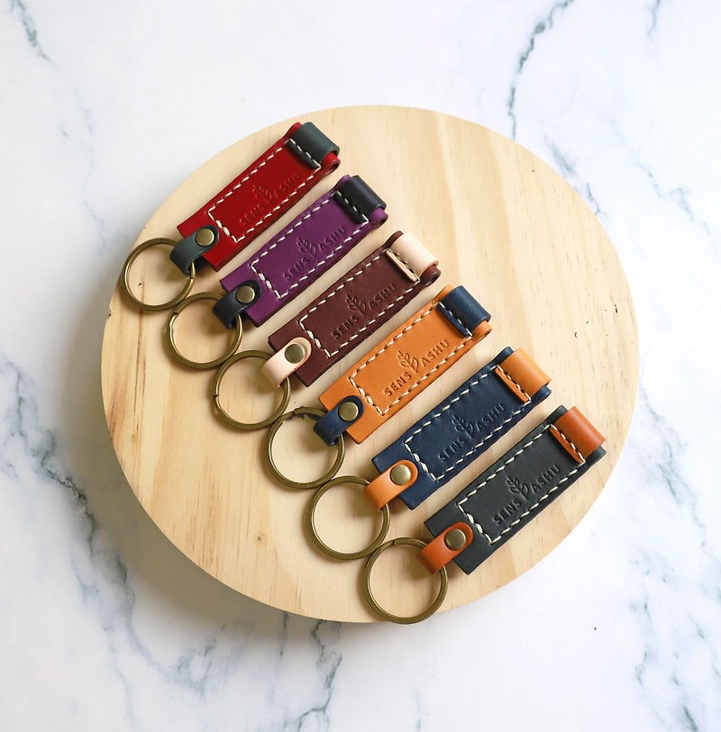[Leather two-color rectangular key ring] Customized typing / Multi-color can be freely matched - Keychains - Genuine Leather Multicolor