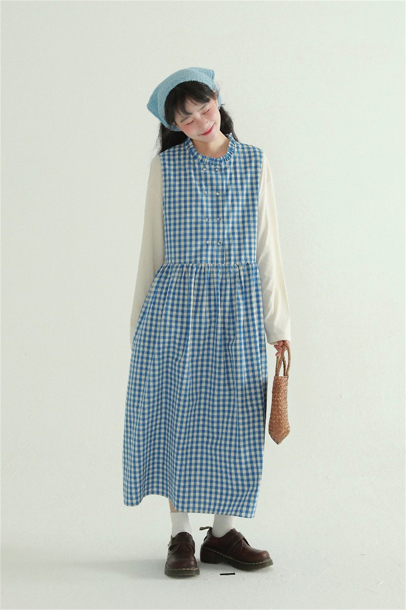 Blue plaid Japanese plaid sleeveless dress vest dress casual dress one size - One Piece Dresses - Cotton & Hemp Blue