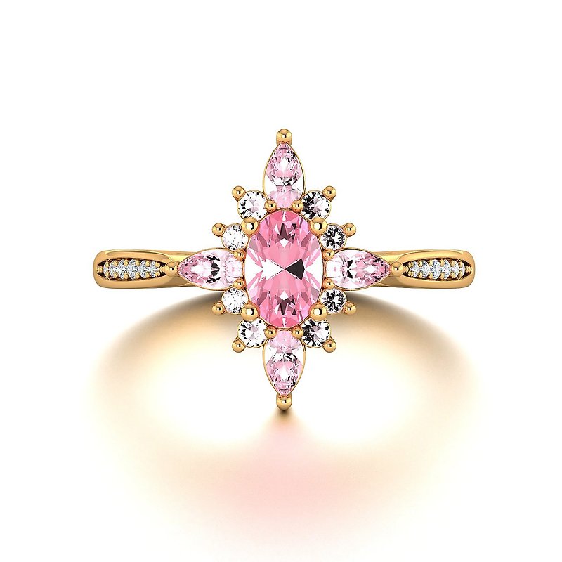 18k Yellow Gold Pink Sapphire Elegant Cluster Ring, Vintage Engagement Ring R050 - แหวนทั่วไป - เครื่องเพชรพลอย สึชมพู