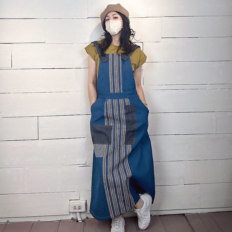 Blue denim - colorful striped suspender skirt #T6075 - Skirts - Cotton & Hemp Blue