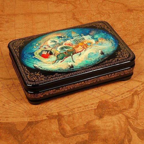 WhiteNight Pushkin's Dream lacquer box St Petersburg hand-painted Three horses art to order