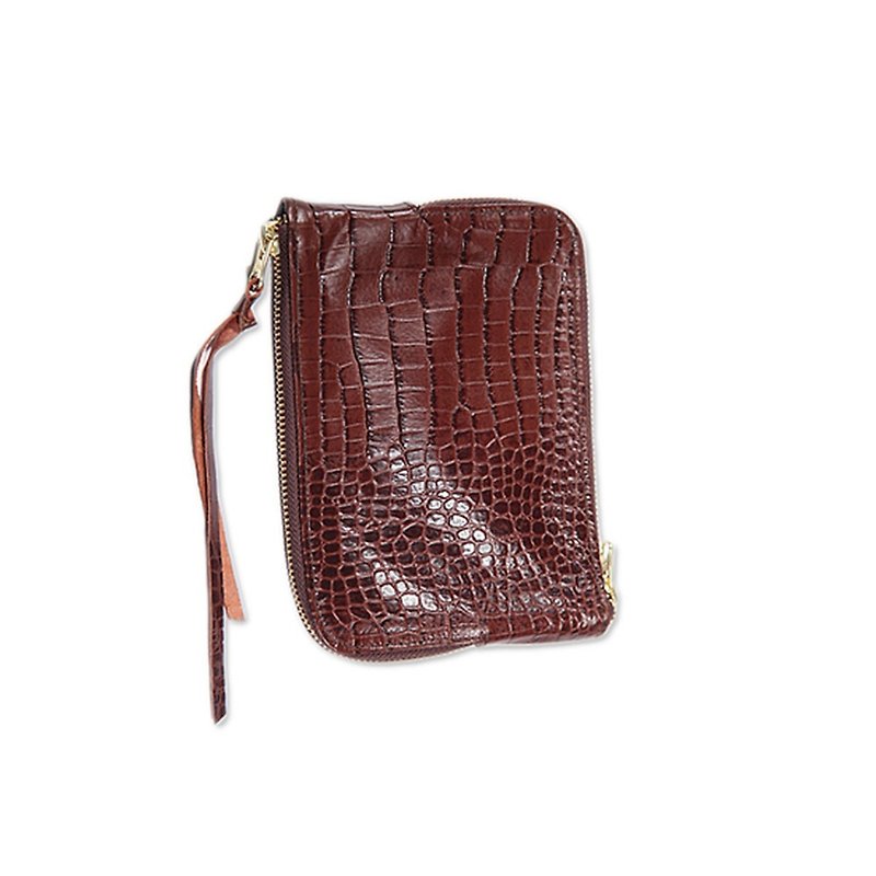 Double Sided Zipper Bag / Double Face / Natural Cowhide Embossed / S / Brown Embossed / Manual Limited - อื่นๆ - หนังแท้ สีนำ้ตาล