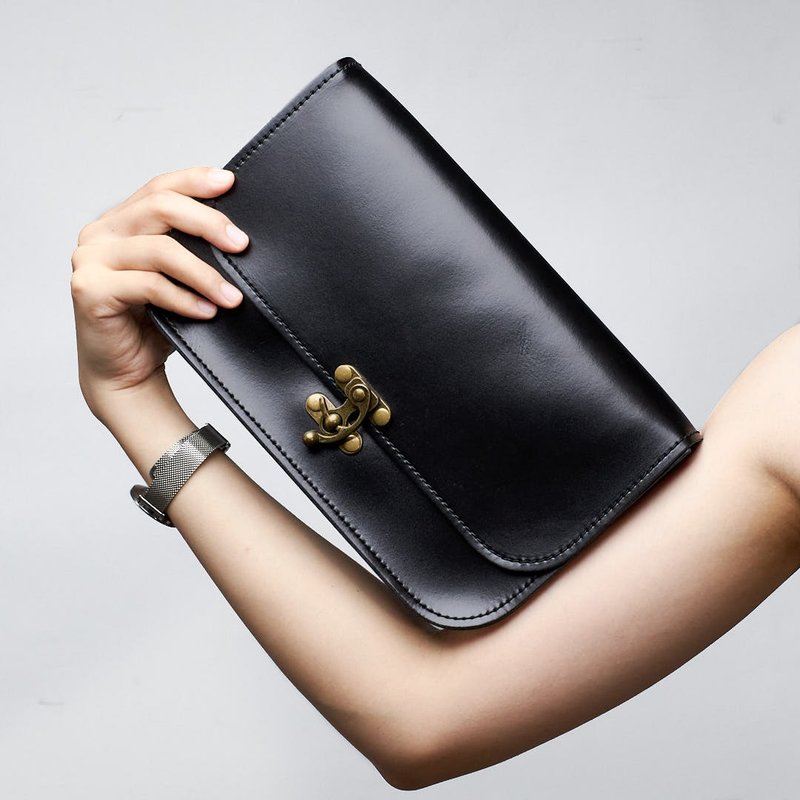 [Office worker's first choice] simple leather practical cross-body bag - กระเป๋าแมสเซนเจอร์ - หนังแท้ สีดำ