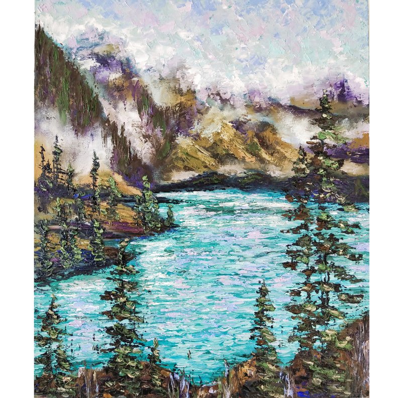 Mountain Painting Lake Original Art Landscape Artwork 60x50 cm/ 24 by 20 inch - Posters - Cotton & Hemp Multicolor