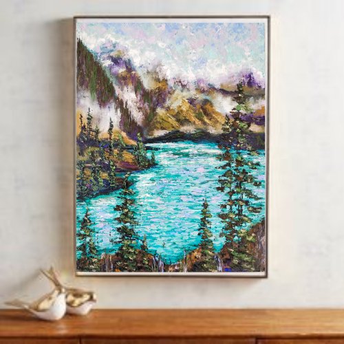 風景画 山の絵画 湖 オリジナルアート 風景画 60x50 cm/ 24 x 20 インチ