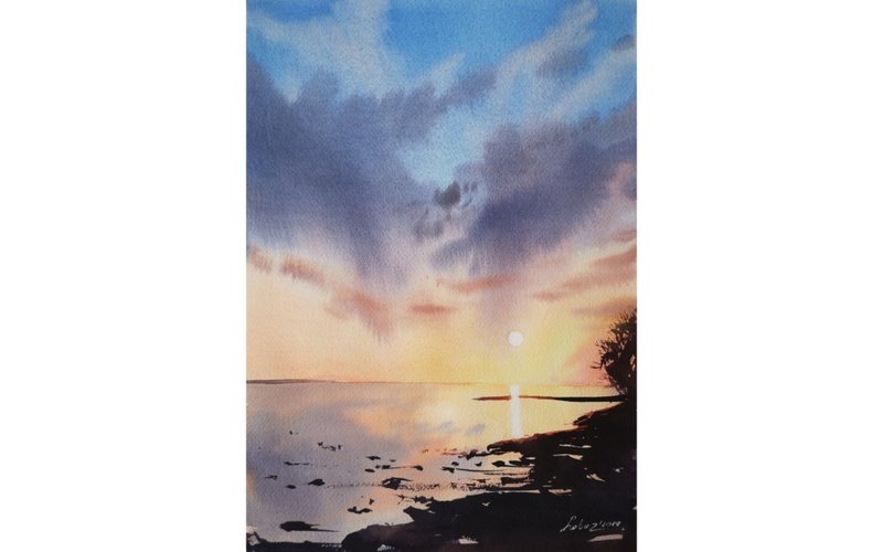 Summer sunset on a lake shore - Original watercolor - ตกแต่งผนัง - กระดาษ 