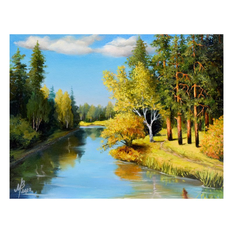 原画森林景观与纸板俄罗斯河油画 - 海報/掛畫/掛布 - 其他材質 多色