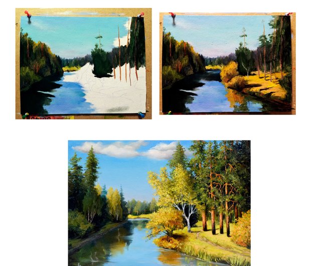 River in Transylvania Romania, summer landscape, blue sky, unique nature painting, oil outlet canvas carbdoard, original unframed artwork