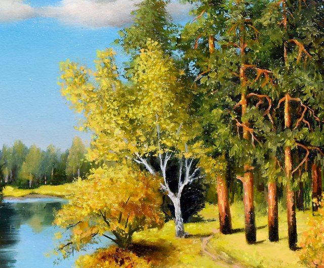 元の絵画段ボールロシアの川の油絵と森の風景 - ショップ