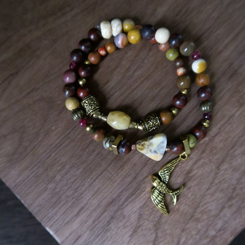 Dream Flight [Spiritual • Small Hand] Amethyst / Ocean Stone / Turquoise / Bird Eagle Brass Bracelet - Bracelets - Gemstone Brown