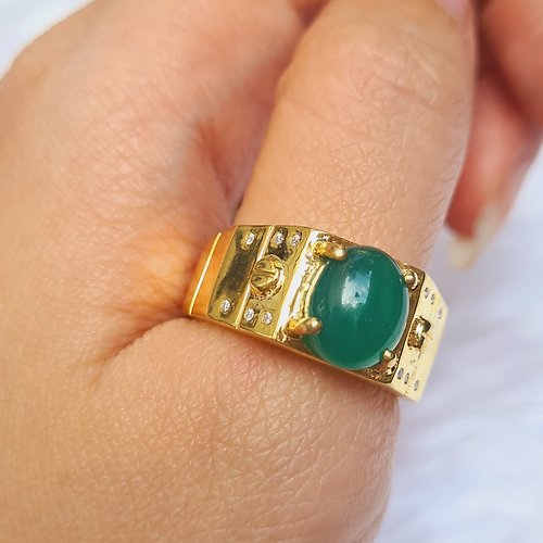 charissagemstone 天然綠瑪瑙925銀鍍金男士戒指