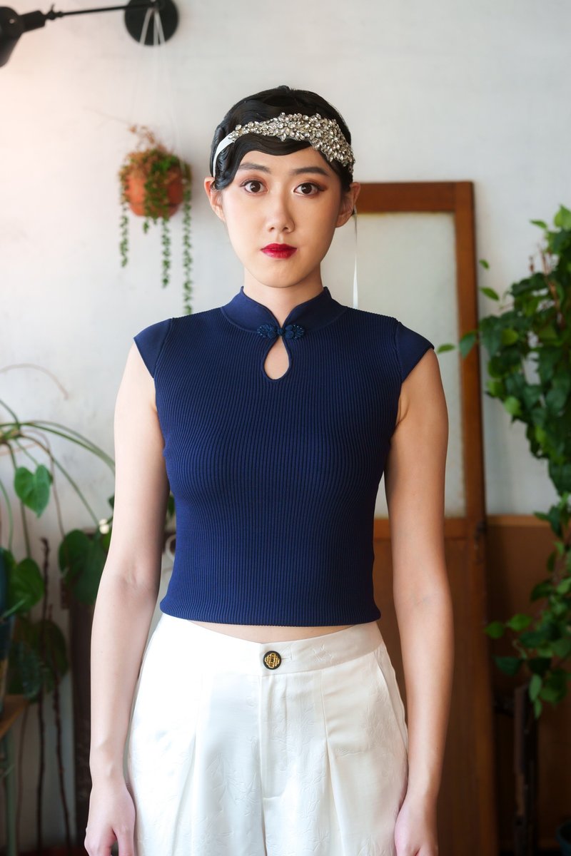 Cap Sleeve Knitted Keyhole Qipao Top (Dark Blue) - Women's Tops - Other Materials Blue