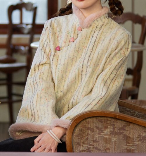 伊甸原創改良旗袍 杏色條紋 中式加絨可愛桃心紐扣上衣 新中式中秋春節改良旗袍