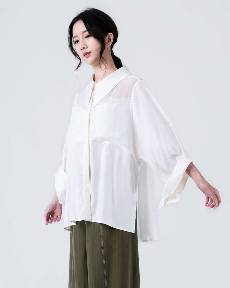 高雅女爵透視外罩衫-條紋白 - 女大衣/外套 - 棉．麻 白色