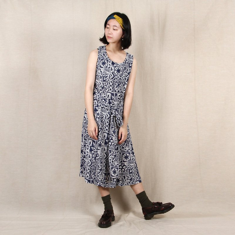[Egg plant ancient] ancient civilization wall brick sleeveless dress - One Piece Dresses - Polyester Blue