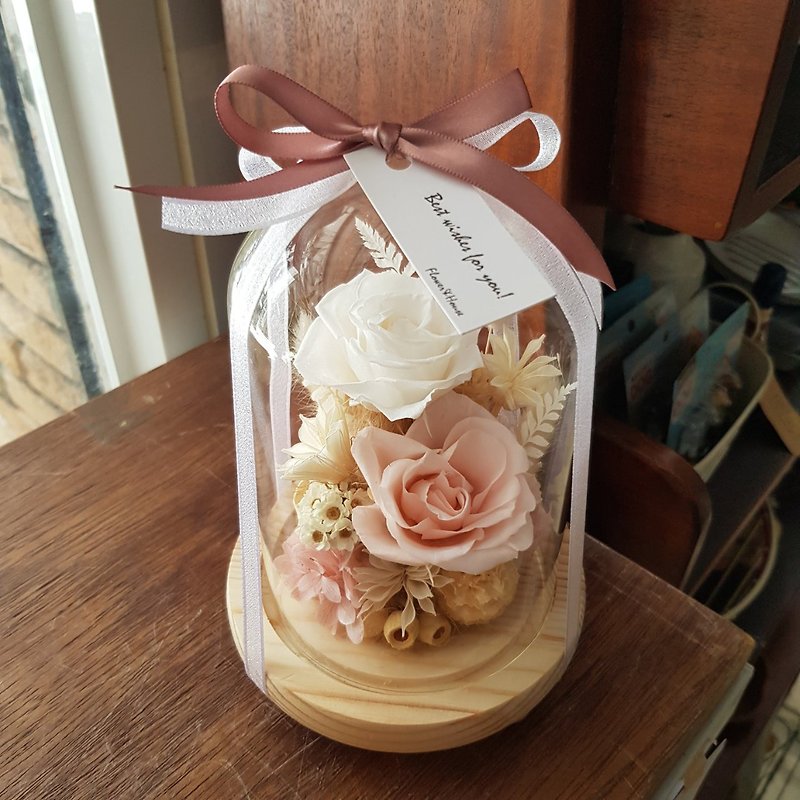 Preserved Flower + Dried Flower | Pink and White Rose Non-withering Flower Glass Cup │ Preserved Flower Valentine's Day - ช่อดอกไม้แห้ง - พืช/ดอกไม้ สึชมพู