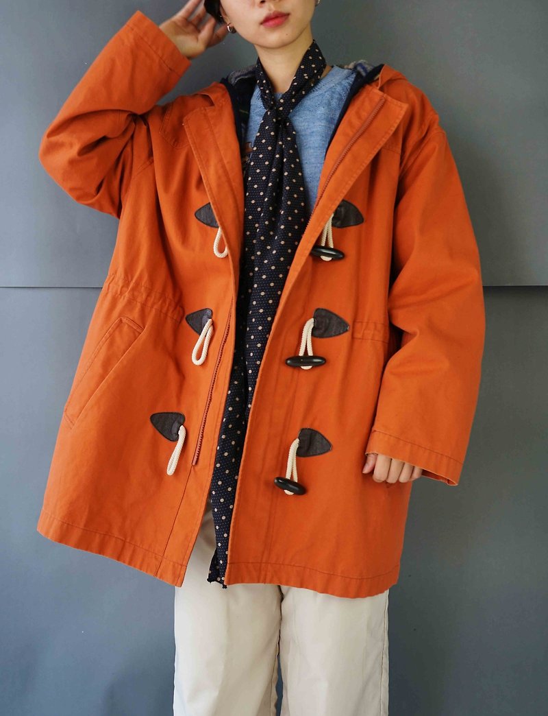 尋寶古著-JUNKO SHIMADA復古橘棉質牛角釦格紋內裡連帽大衣 - 女大衣/外套 - 棉．麻 橘色