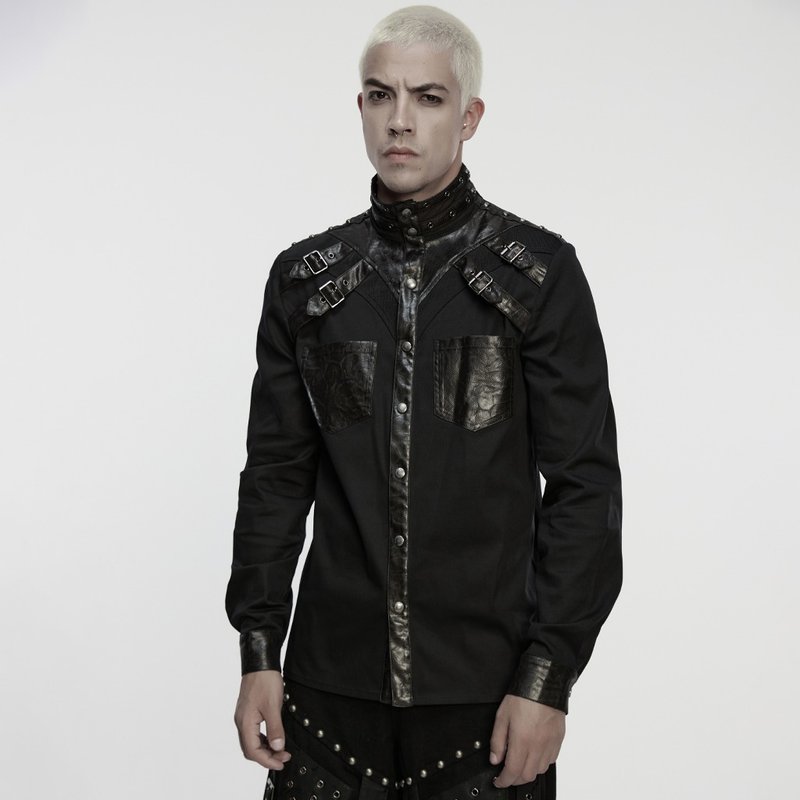 龐克死者之聲鉚釘皮革硬蕊襯衫 - 男襯衫/休閒襯衫 - 其他材質 黑色