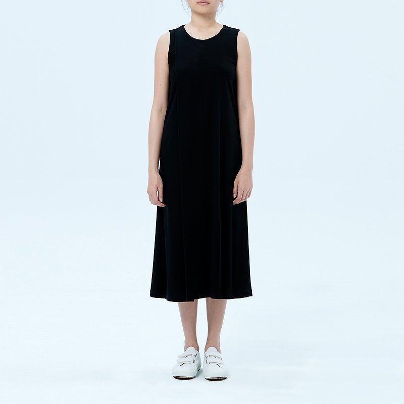 Black Sleeveless Midi Dress - ชุดเดรส - ผ้าฝ้าย/ผ้าลินิน สีดำ