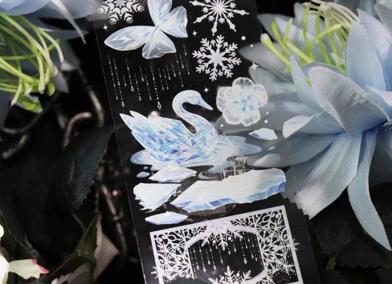 Snow Flower Ice Kingdom (Castle/Swan/Snowflake/Ice Flower/Butterfly) PET Paper Tape Shell Gloss - มาสกิ้งเทป - วัสดุอื่นๆ สีใส