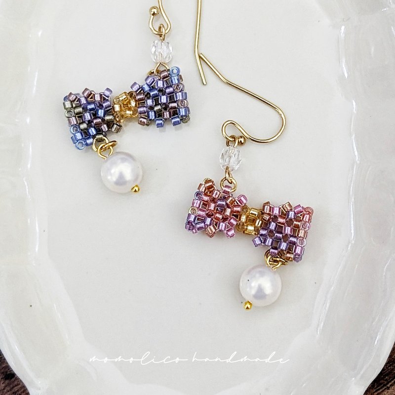 串珠 鉤針 編織 刺繡  蝴蝶結耳環   可改夾式 - 耳環/耳夾/耳骨夾 - 其他材質 紫色