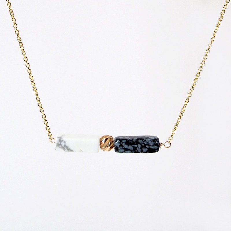 Minimalist black and white, white pine alabaster, 14K gold beads • Gold-plated necklace (45cm / 18吋) - สร้อยติดคอ - เครื่องเพชรพลอย สีใส