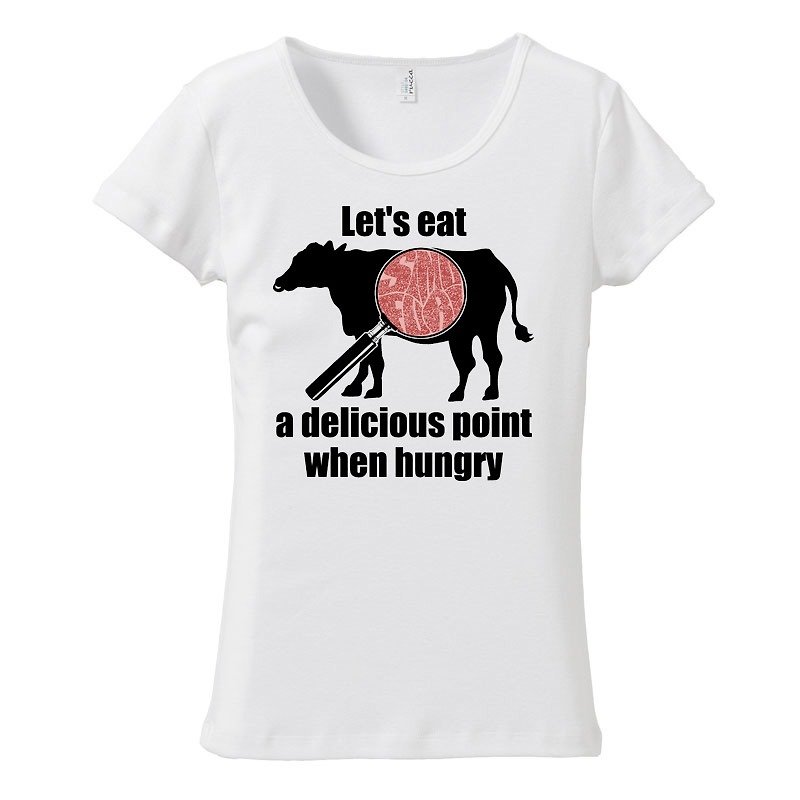 [Women's T-shirt] Delicious points / Wagyu beef - เสื้อยืดผู้หญิง - ผ้าฝ้าย/ผ้าลินิน ขาว