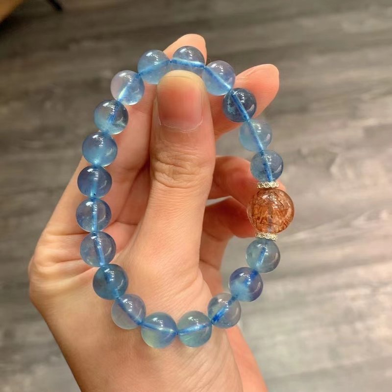 10mm天然原礦海藍寶 黑金超七水晶單圈設計手串 - 手鍊/手環 - 水晶 藍色
