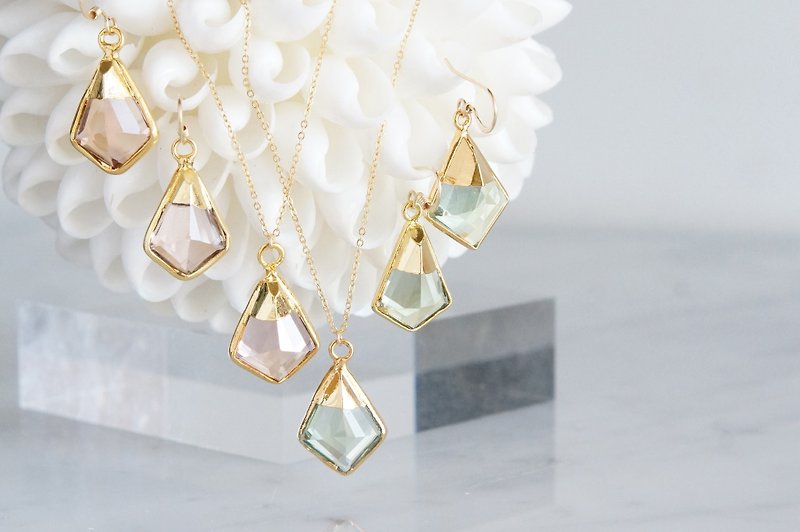 [14KGF] Earrings, Green Amethyst Quartz, Morganite Quartz - Earrings & Clip-ons - Gemstone Gold