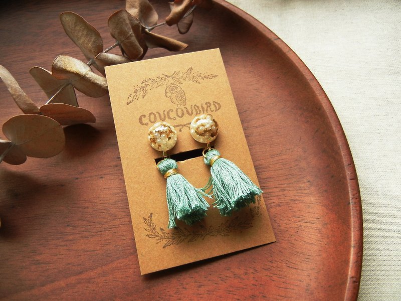 *coucoubird*Gorgeous-small pearl gold foil tassel Clip-On/ mint green - Earrings & Clip-ons - Gemstone Green