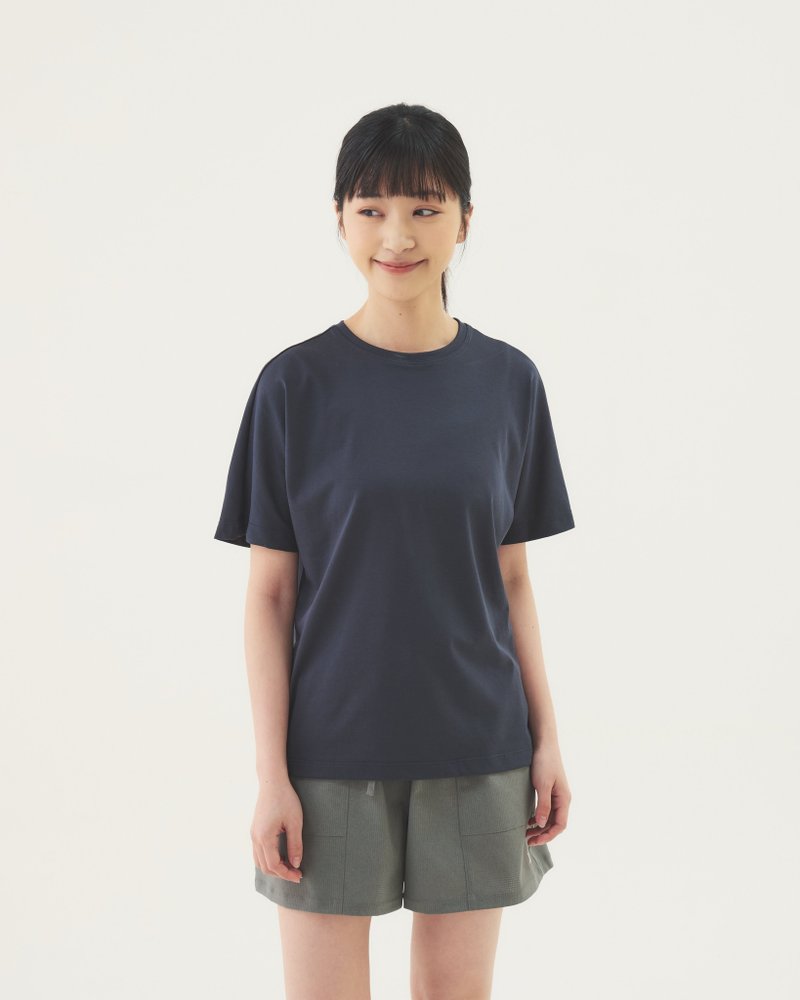 極簡連袖短Tee (深藍) - 女 T 恤 - 棉．麻 藍色