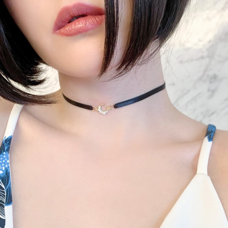 Tiny Little Moon / Small Moon and Black Ribbon Choker SV311 - Chokers - Other Metals Gold