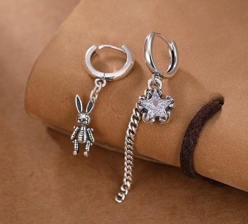 Asymmetric Rabbit Bunny Earrings for Women Zircon Star Earrings Thai Silver 925 - Earrings & Clip-ons - Sterling Silver Silver