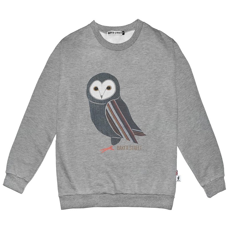 British Fashion Brand -Baker Street- Denim Owl Printed Sweatshirt - Unisex Hoodies & T-Shirts - Cotton & Hemp Gray