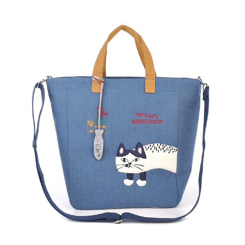 Kusuguru Japan large-capacity portable shoulder bag for 2 (plus a small fish shape ornament) dark blue - กระเป๋าถือ - ไฟเบอร์อื่นๆ สีน้ำเงิน