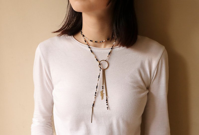 Black and white style with a long chain of bamboo knots around the neck - Long Necklaces - Copper & Brass Gold