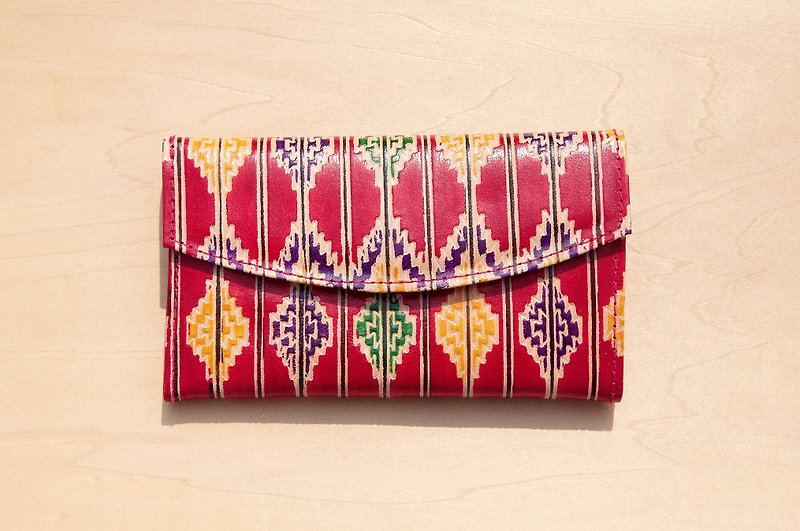 Handmade goatskin clip hand-painted style leather wallet boho long wallet-Bohemian red ethnic totem - กระเป๋าสตางค์ - หนังแท้ สีแดง