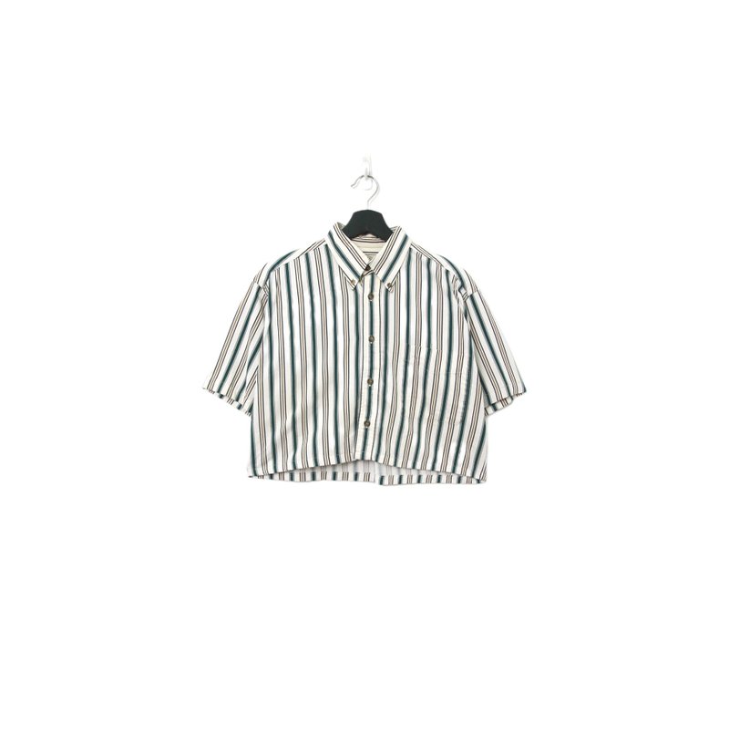 Back to Green-再製條紋短板襯衫 綠黃 ds-10//vintage shirt - 女襯衫 - 棉．麻 