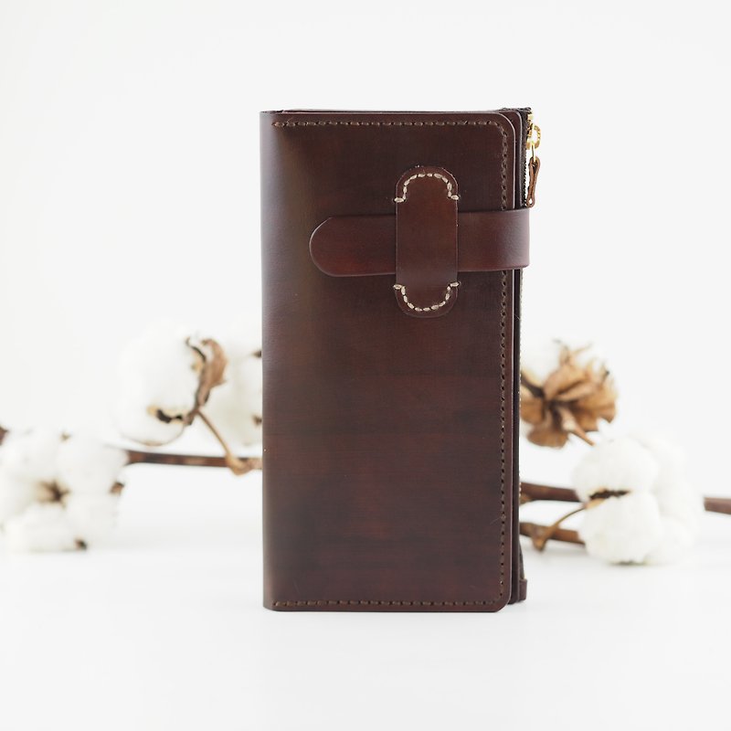 Simple leather long clip card holder zipper coffee red - กระเป๋าสตางค์ - หนังแท้ สีนำ้ตาล