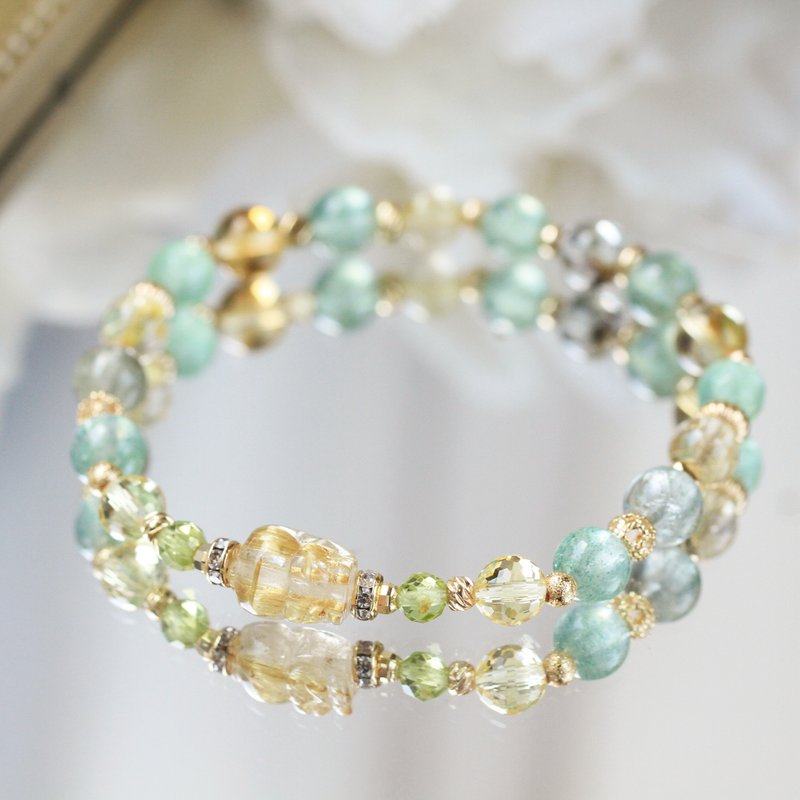 Titanium Crystal Pixiu Blonde Crystal Citrine Green Ghost. Super powerful career and wealth combination crystal bracelet - สร้อยข้อมือ - คริสตัล สีเขียว